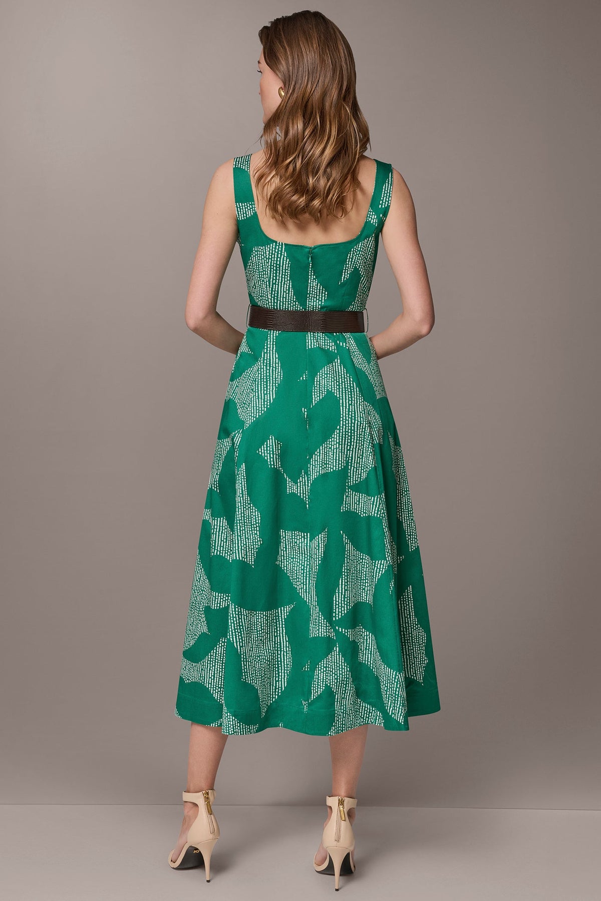 Donna Karan STRETCH COTTON-POPLIN PRINTED PLEATED MIDI A-LINE DRESS