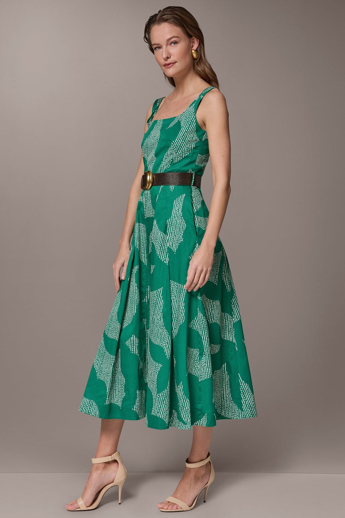 Donna Karan STRETCH COTTON-POPLIN PRINTED PLEATED MIDI A-LINE DRESS