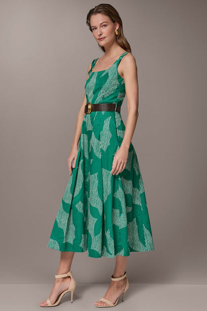 Donna Karan STRETCH COTTON-POPLIN PRINTED PLEATED MIDI A-LINE DRESS