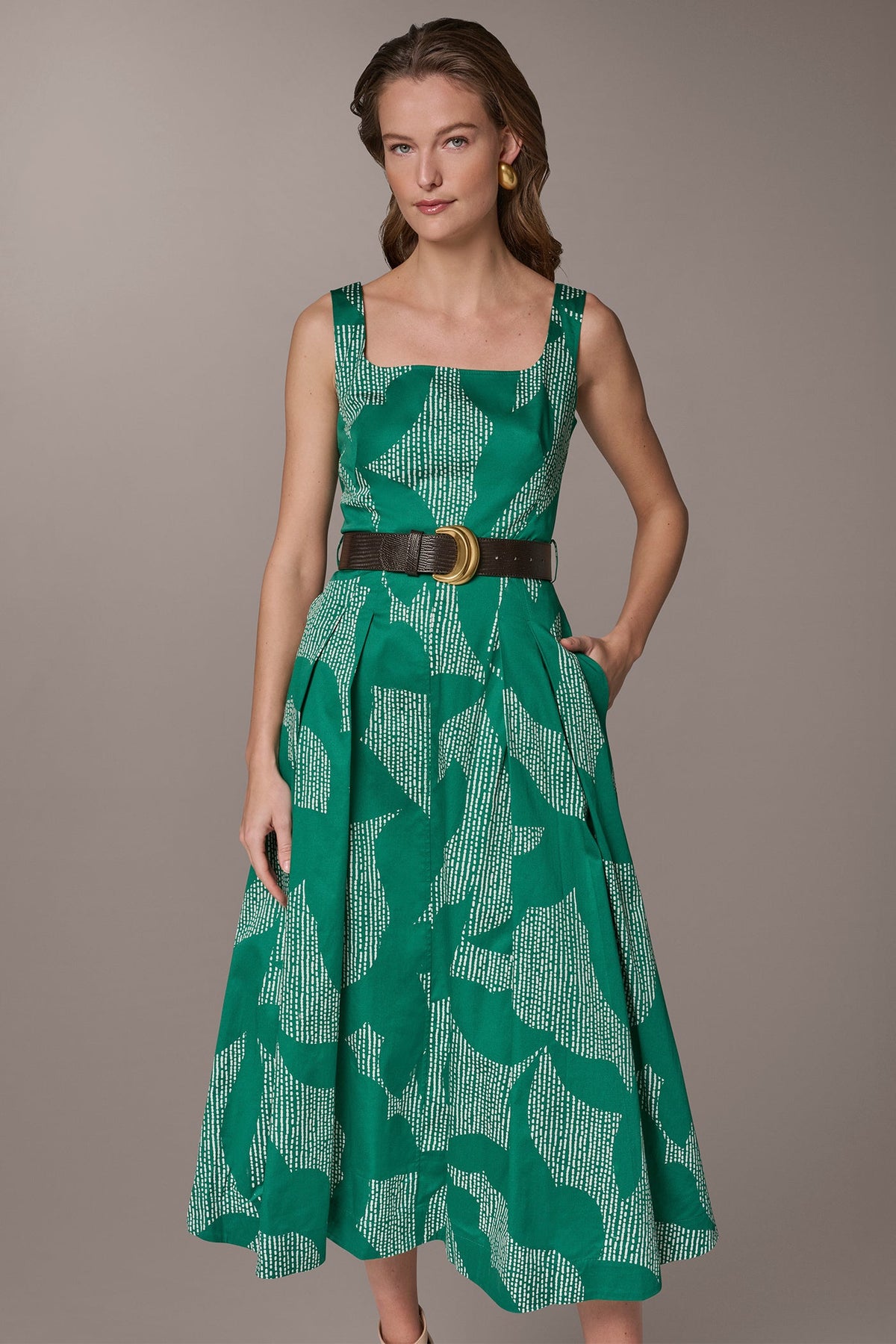 Donna Karan STRETCH COTTON-POPLIN PRINTED PLEATED MIDI A-LINE DRESS