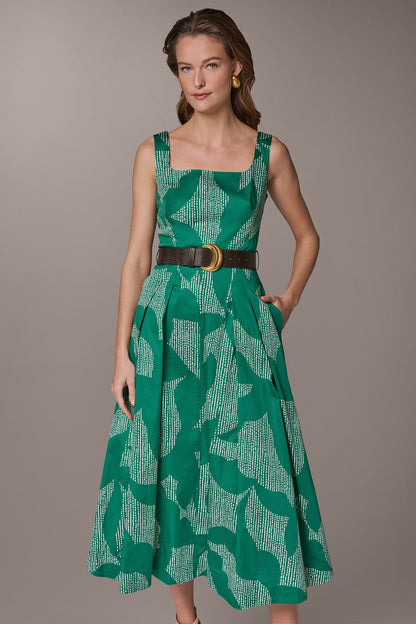Donna Karan STRETCH COTTON-POPLIN PRINTED PLEATED MIDI A-LINE DRESS