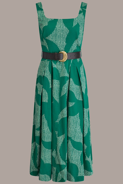 Donna Karan STRETCH COTTON-POPLIN PRINTED PLEATED MIDI A-LINE DRESS