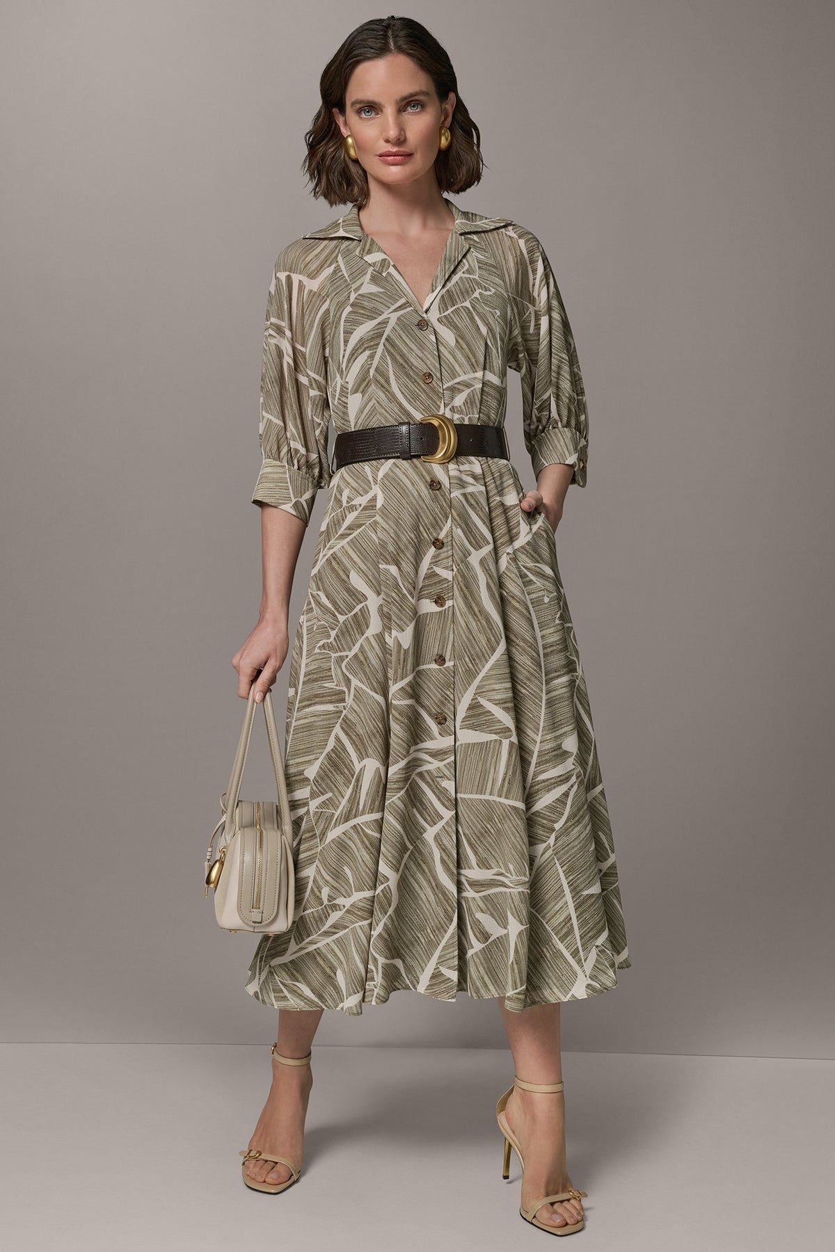 Donna Karan ABSTRACT BELTED A LINE MIDI SHIRT DRESS
