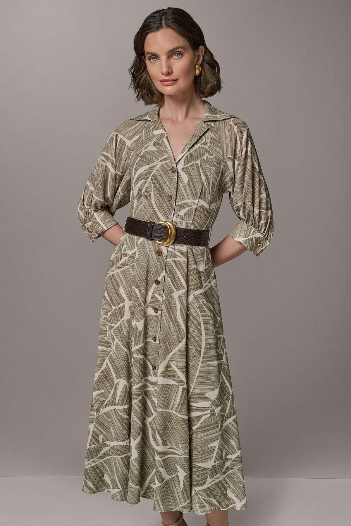 Donna Karan ABSTRACT BELTED A LINE MIDI SHIRT DRESS