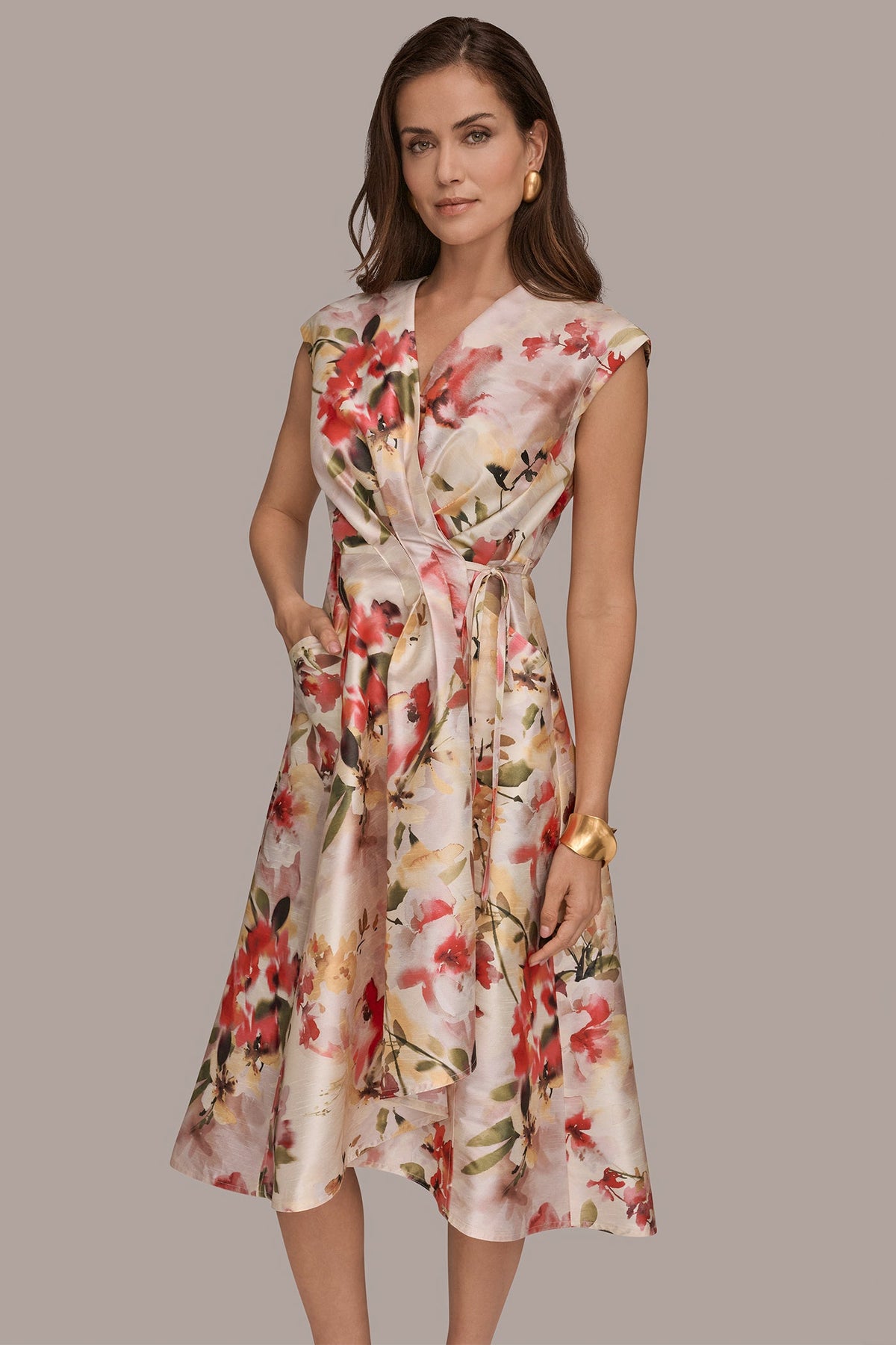 Donna Karan DUPIONI FLORAL WRAP DRESS