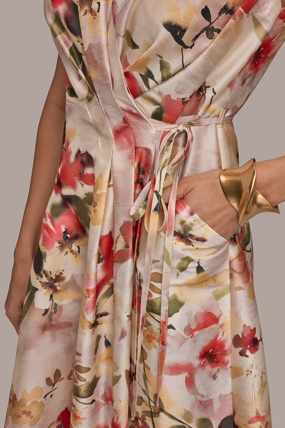 Donna Karan DUPIONI FLORAL WRAP DRESS