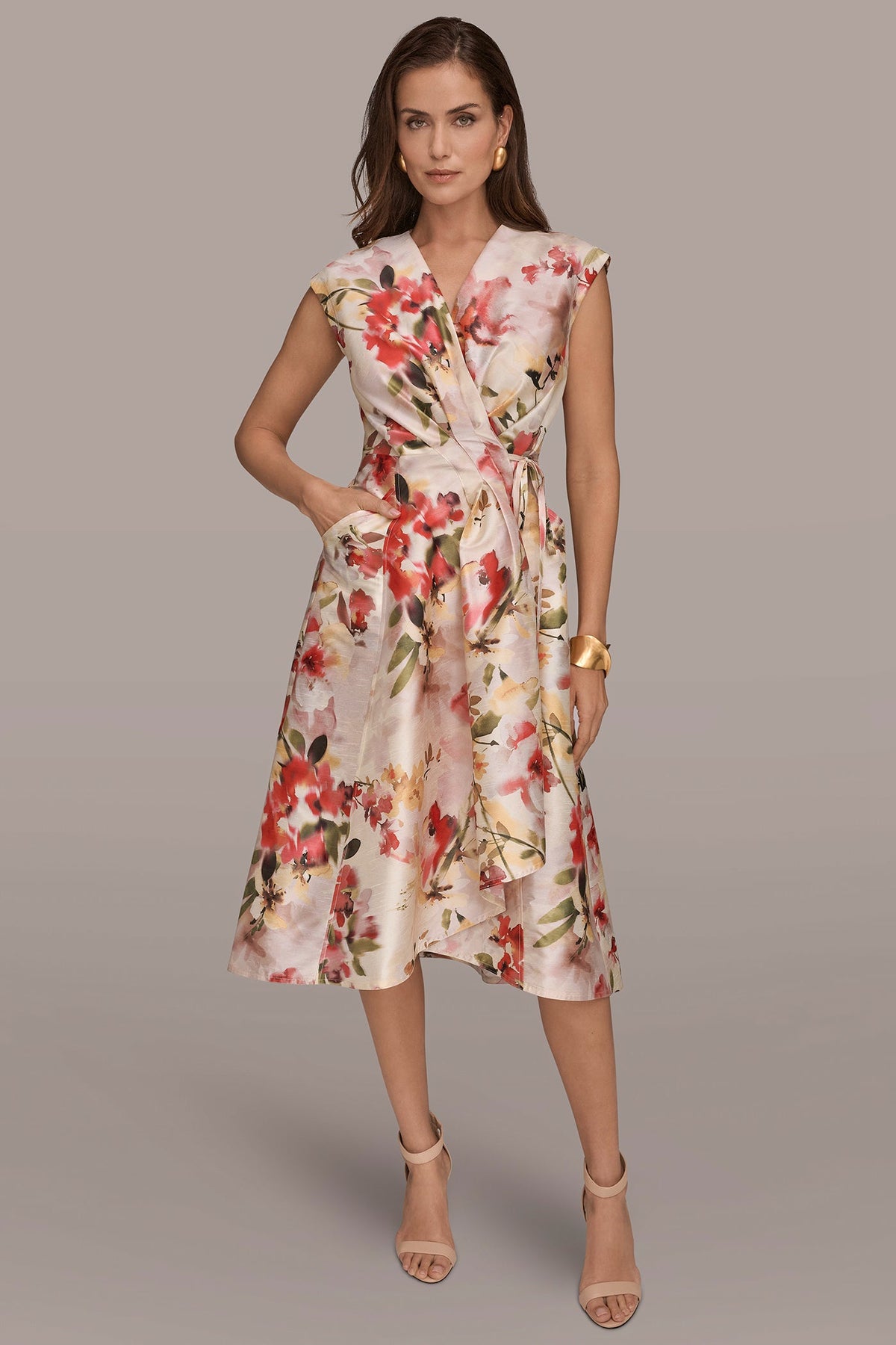 Donna Karan DUPIONI FLORAL WRAP DRESS