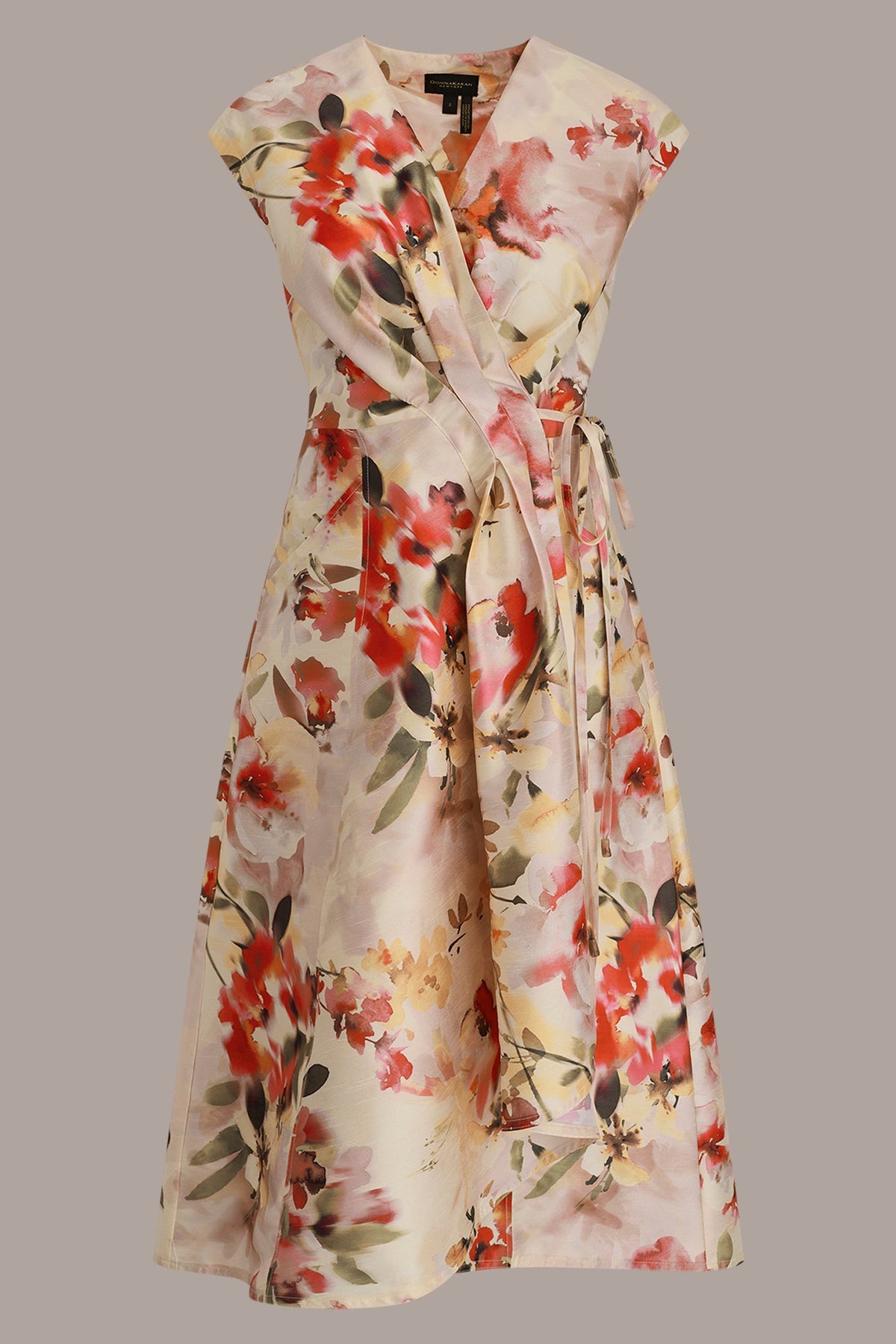 Donna Karan DUPIONI FLORAL WRAP DRESS