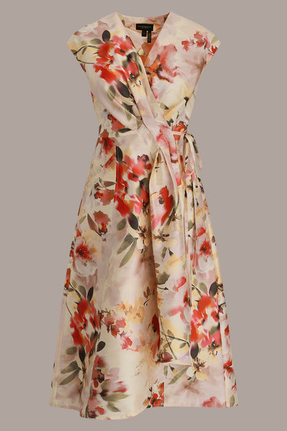 Donna Karan DUPIONI FLORAL WRAP DRESS