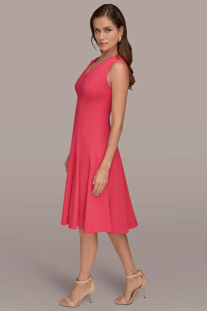 Donna Karan SLEEVELESS BUTTON MIDI FIT AND FLARE DRESS