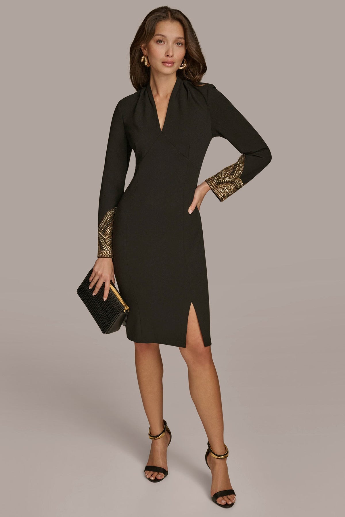 Donna Karan LONG SLEEVE V-NECK SHEATH DRESS
