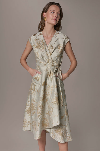 Donna Karan FLORAL-JACQUARD MIDI WRAP DRESS