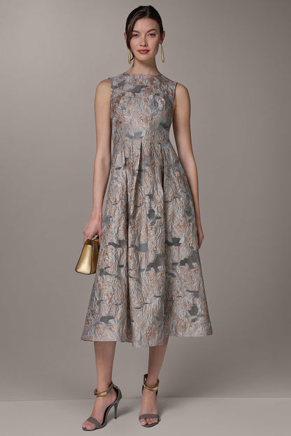 Donna Karan SLEEVELESS FLORAL MIDI FIT AND FLARE GOWN