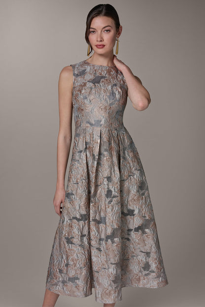 Donna Karan SLEEVELESS FLORAL MIDI FIT AND FLARE GOWN