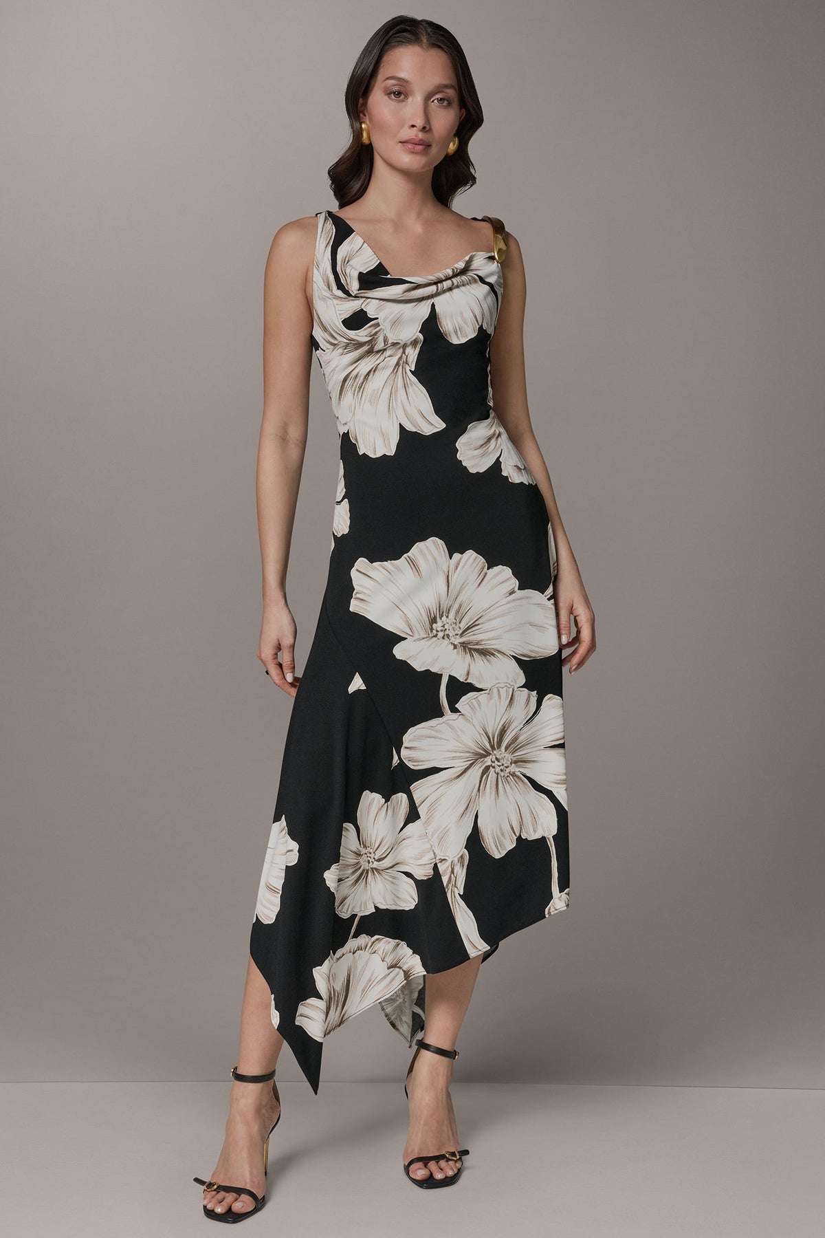 Donna Karan SLEEVELESS COWL-NECK ASYMMETRIC FLORAL MIDI DRESS