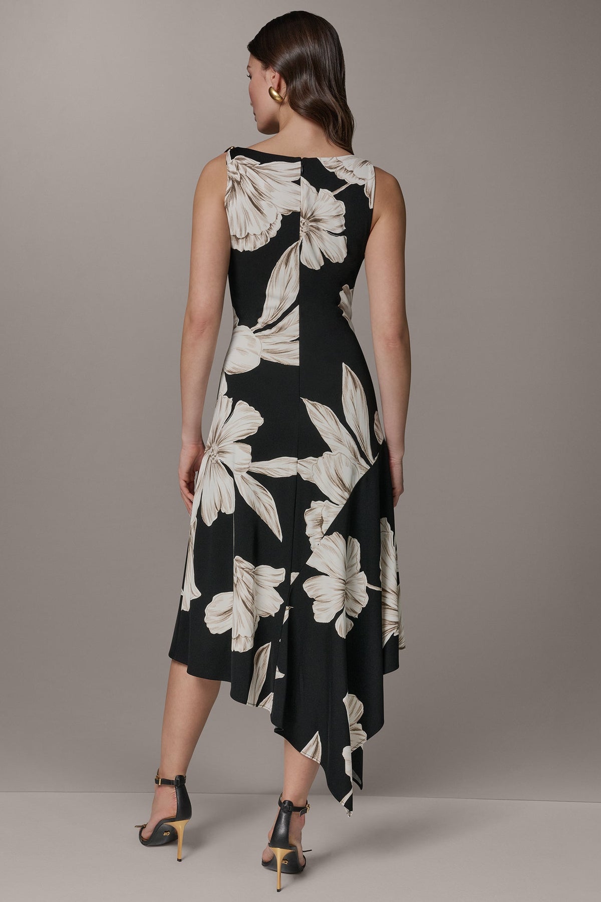 Donna Karan SLEEVELESS COWL-NECK ASYMMETRIC FLORAL MIDI DRESS