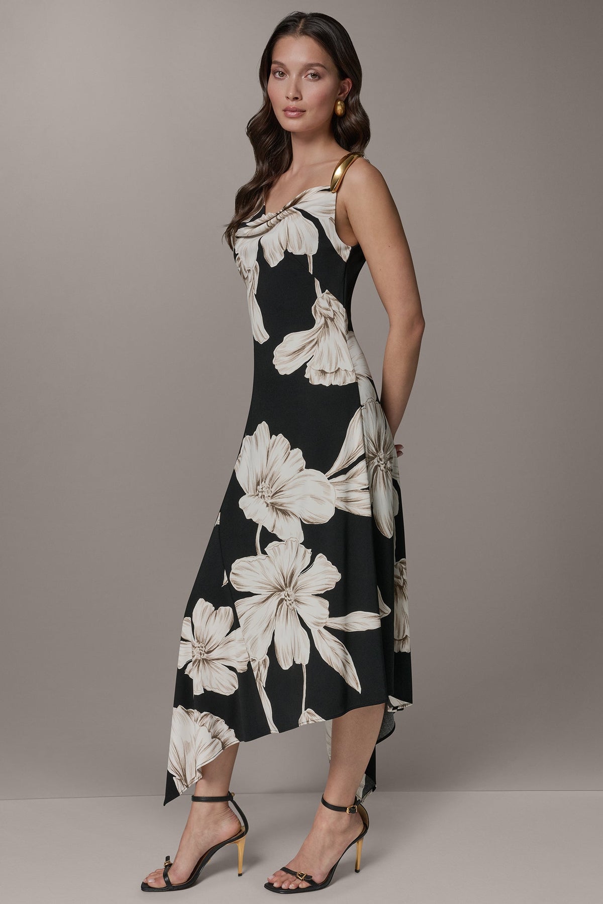 Donna Karan SLEEVELESS COWL-NECK ASYMMETRIC FLORAL MIDI DRESS