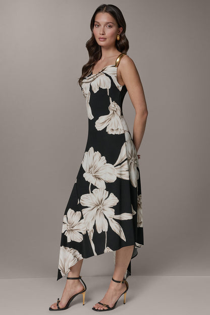 Donna Karan SLEEVELESS COWL-NECK ASYMMETRIC FLORAL MIDI DRESS