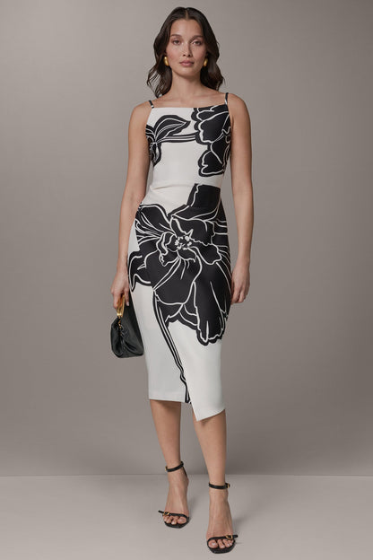 Donna Karan SLEEVELESS TWO-TONE FLORAL MIDI SHEATH DRESS
