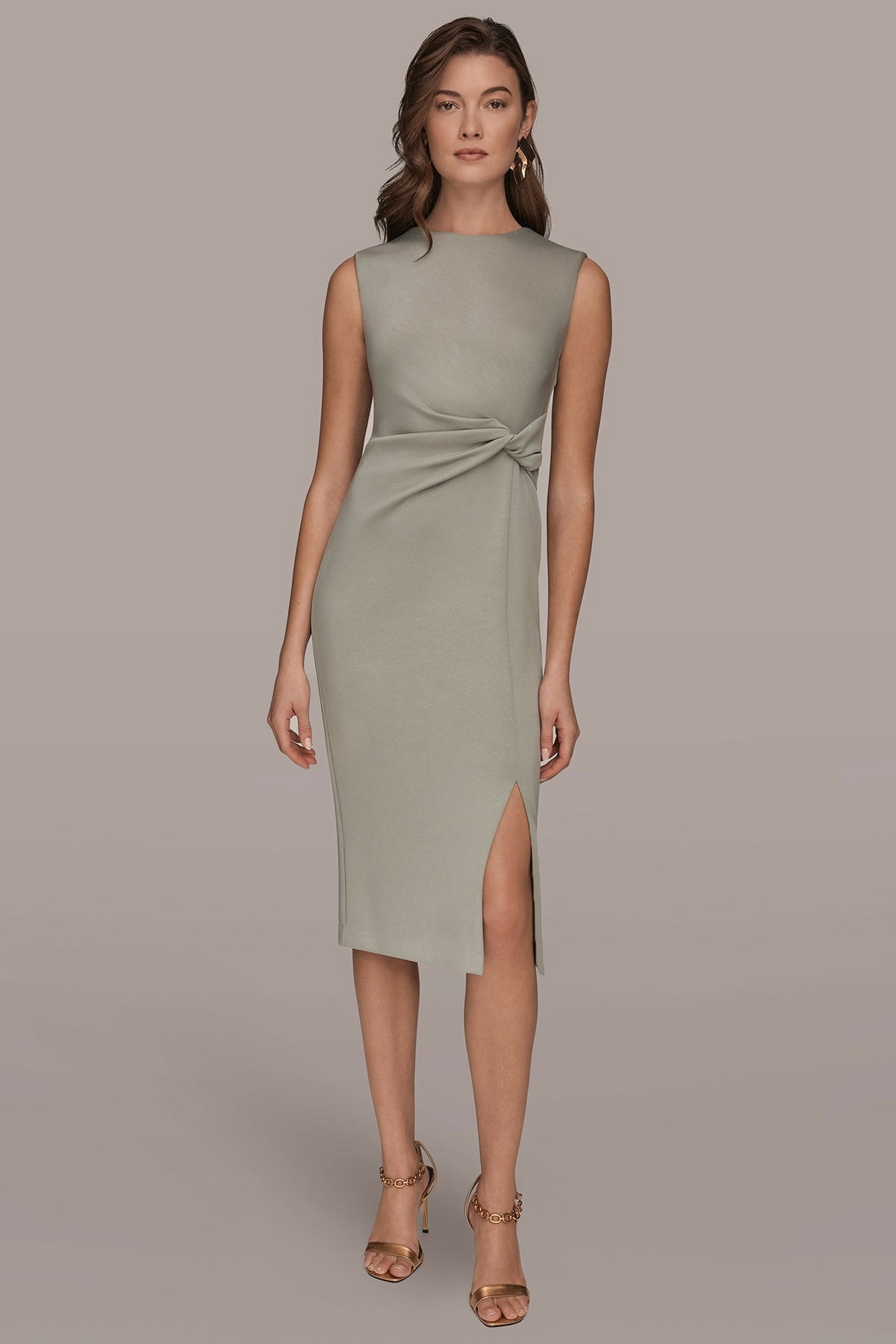 Donna Karan SLEEVELESS CREW-NECK TWIST MIDI SHEATH DRESS