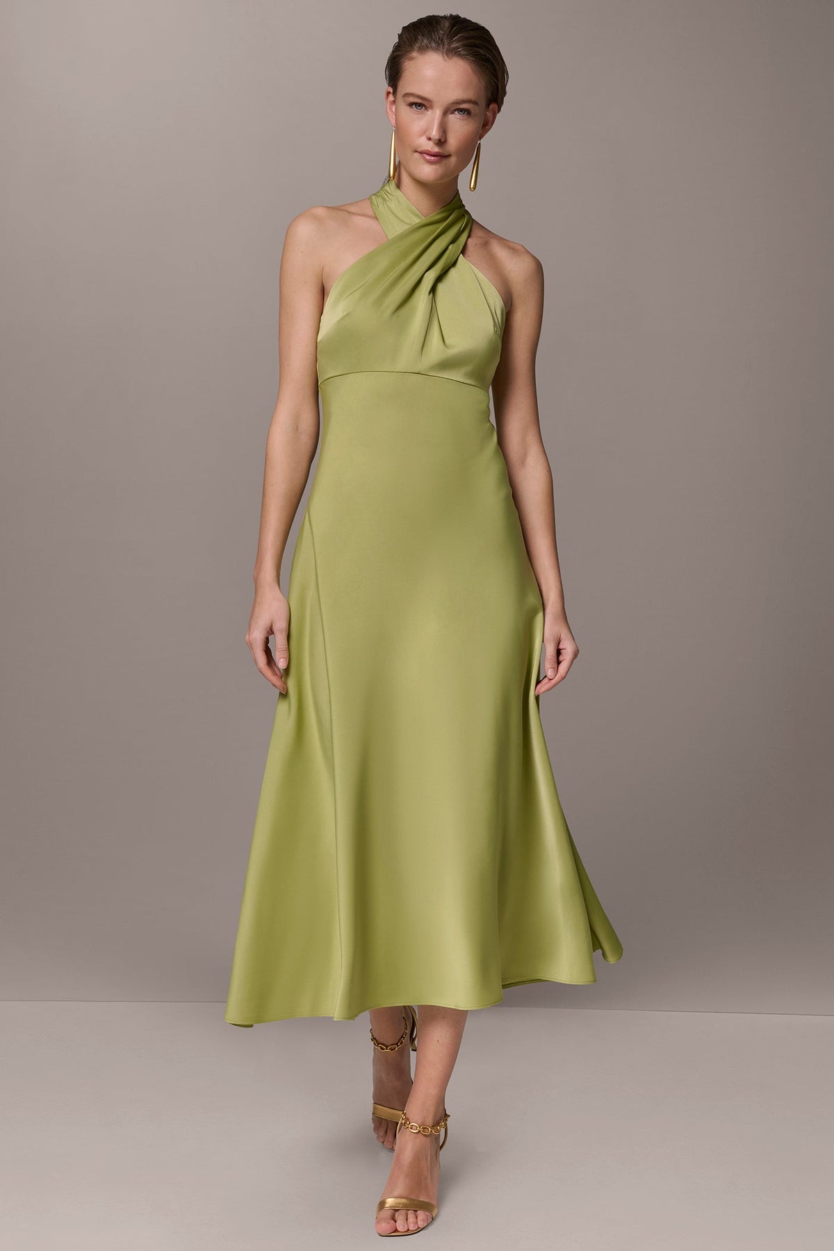 Donna Karan SATIN MIDI A-LINE HALTER DRESS