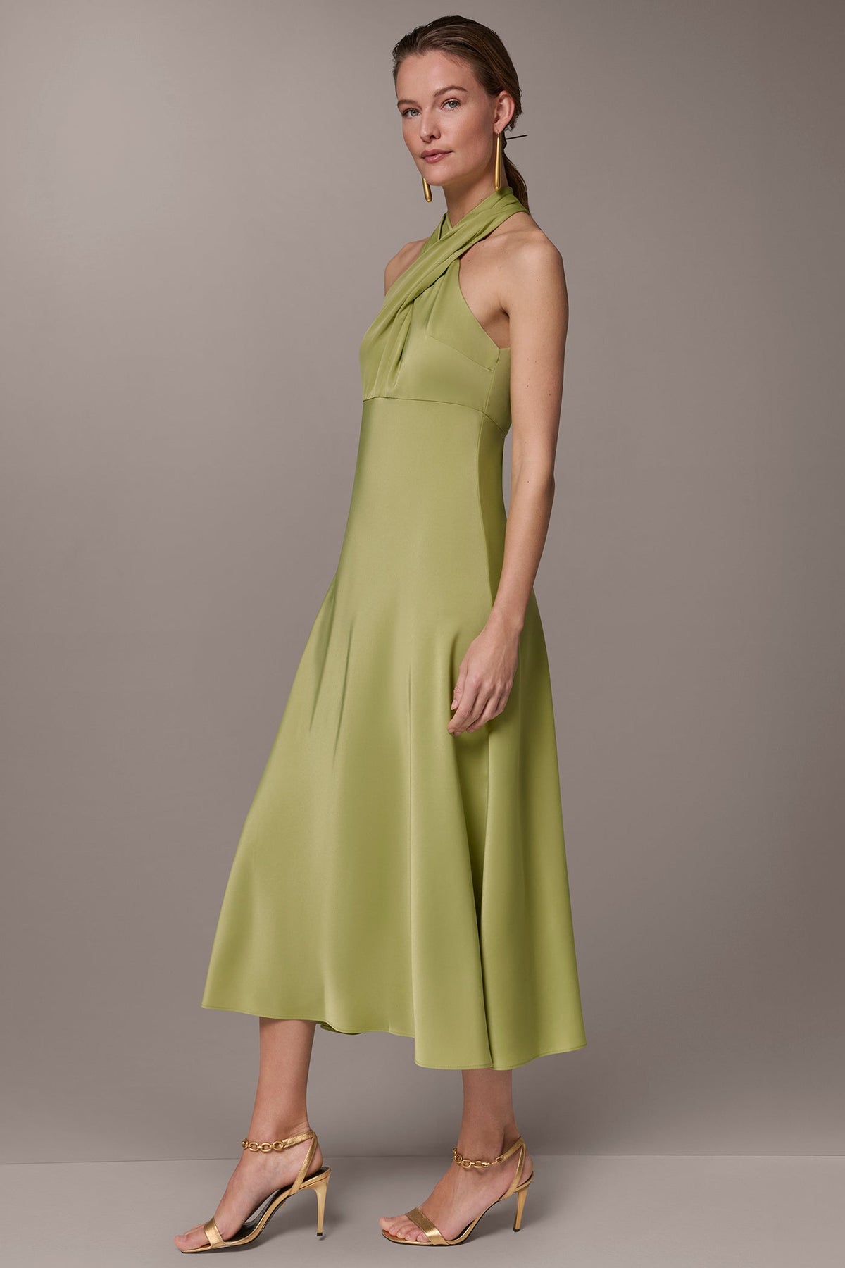 Donna Karan SATIN MIDI A-LINE HALTER DRESS