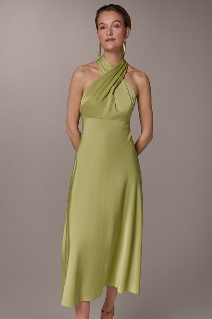 Donna Karan SATIN MIDI A-LINE HALTER DRESS