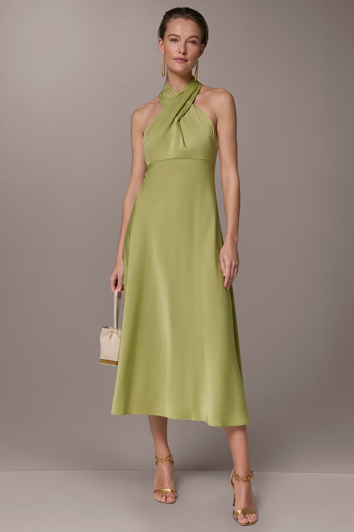 Donna Karan SATIN MIDI A-LINE HALTER DRESS