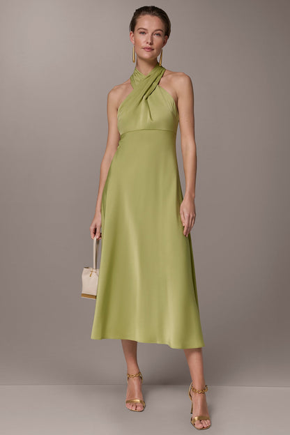 Donna Karan SATIN MIDI A-LINE HALTER DRESS