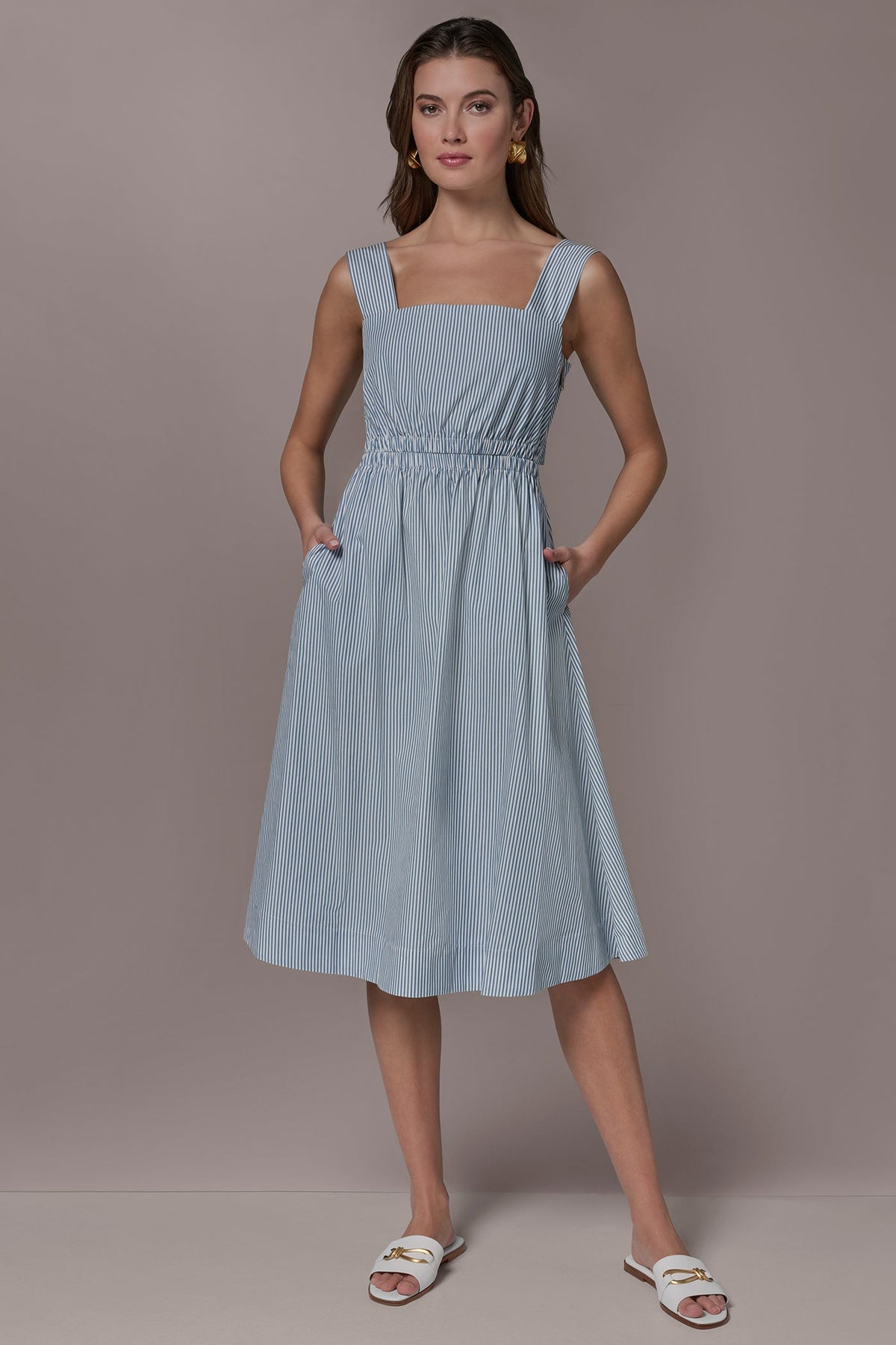Donna Karan COTTON-POPLIN STRIPE CUTOUT MIDI DRESS