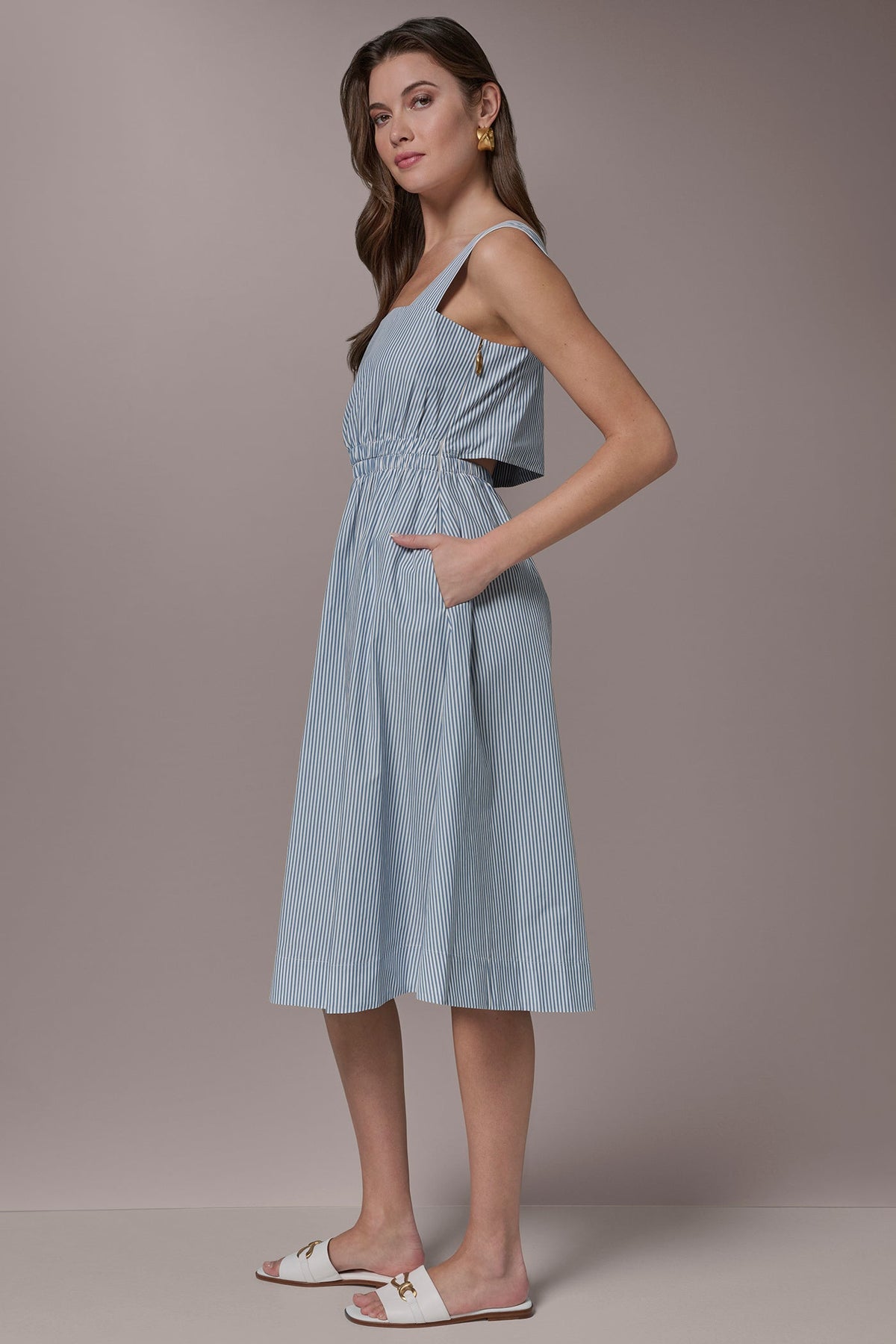 Donna Karan COTTON-POPLIN STRIPE CUTOUT MIDI DRESS