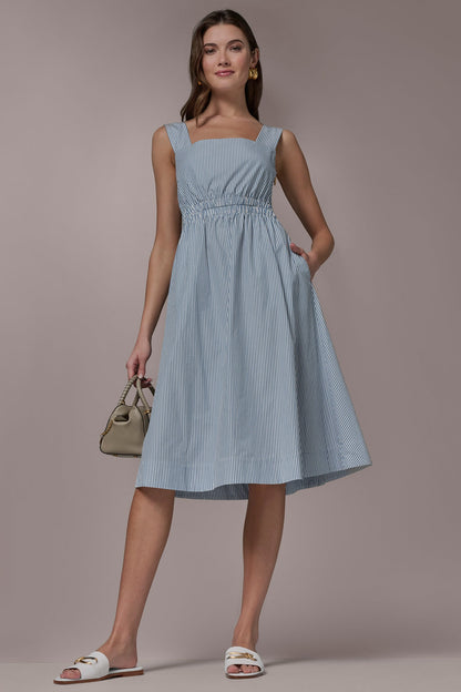 Donna Karan COTTON-POPLIN STRIPE CUTOUT MIDI DRESS