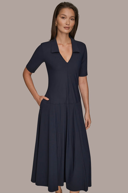 Donna Karan THE MODERN TRAVEL ELBOW SLEEVE MIDI POLO DRESS