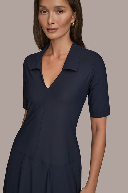 Donna Karan THE MODERN TRAVEL ELBOW SLEEVE MIDI POLO DRESS