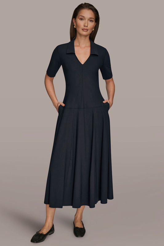 Donna Karan THE MODERN TRAVEL ELBOW SLEEVE MIDI POLO DRESS