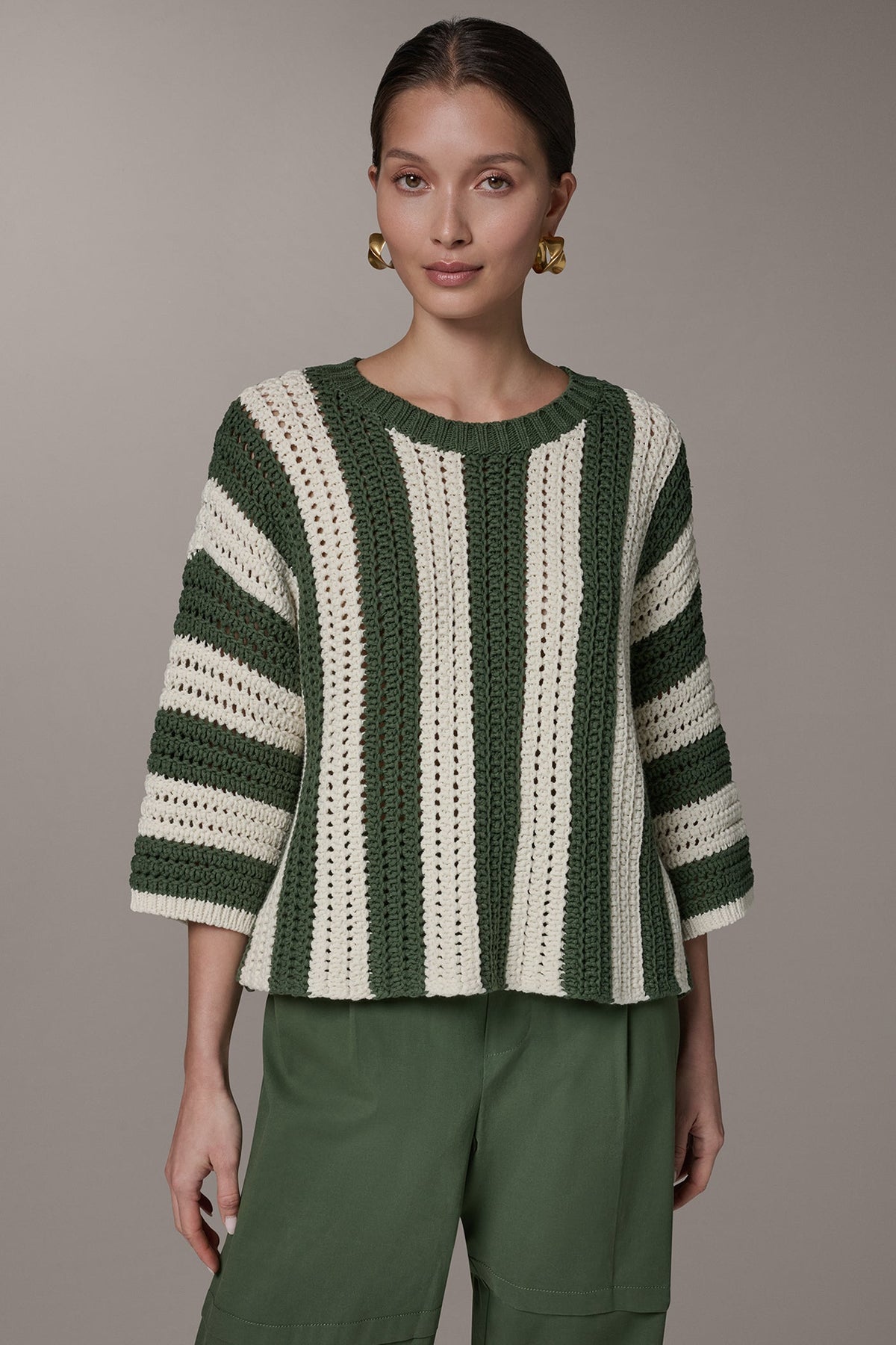 Donna Karan ELBOW SLEEVE POINTELLE STRIPE SWEATER