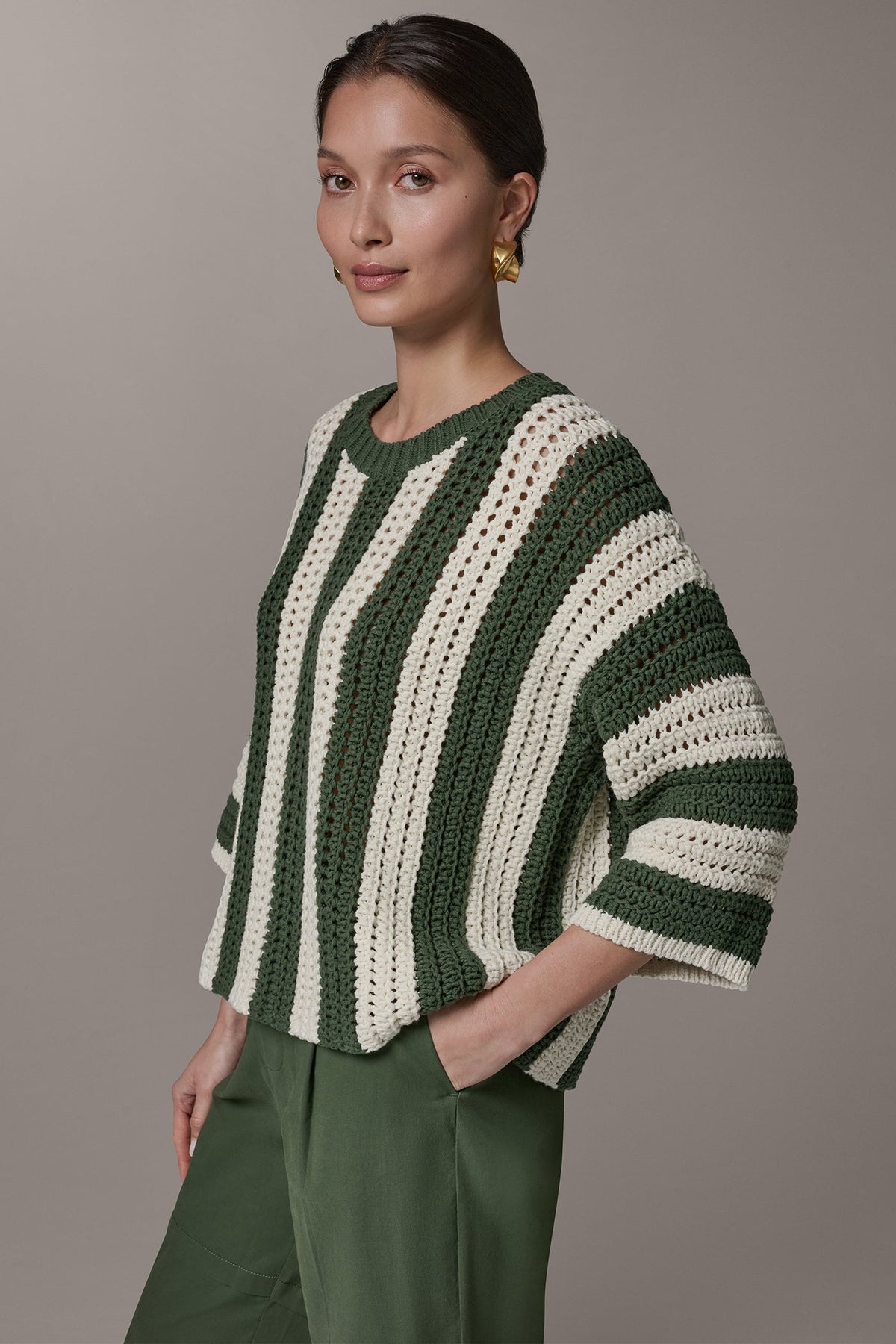 Donna Karan ELBOW SLEEVE POINTELLE STRIPE SWEATER