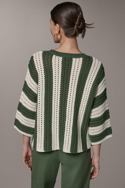 Donna Karan ELBOW SLEEVE POINTELLE STRIPE SWEATER