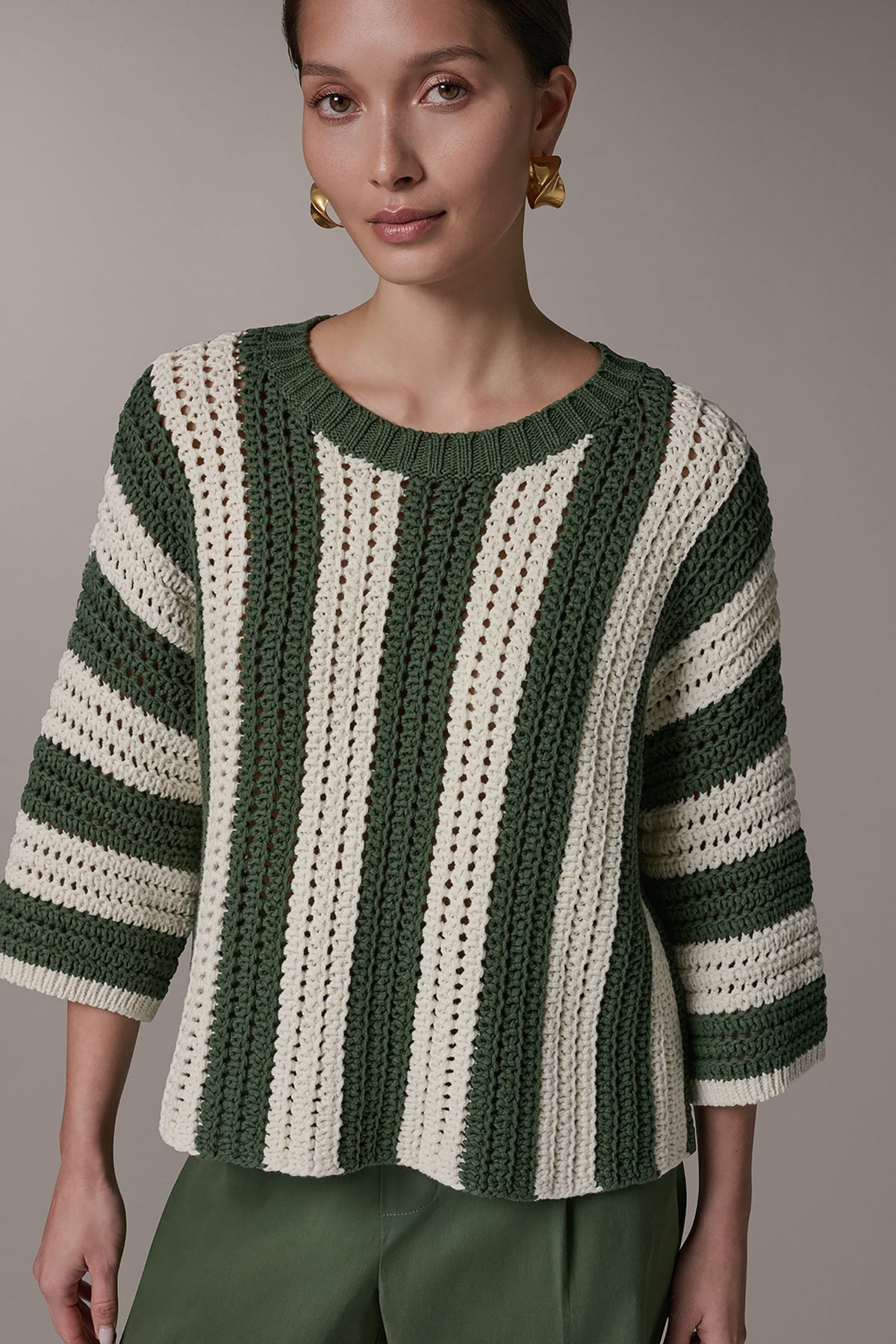 Donna Karan ELBOW SLEEVE POINTELLE STRIPE SWEATER