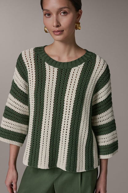 Donna Karan ELBOW SLEEVE POINTELLE STRIPE SWEATER