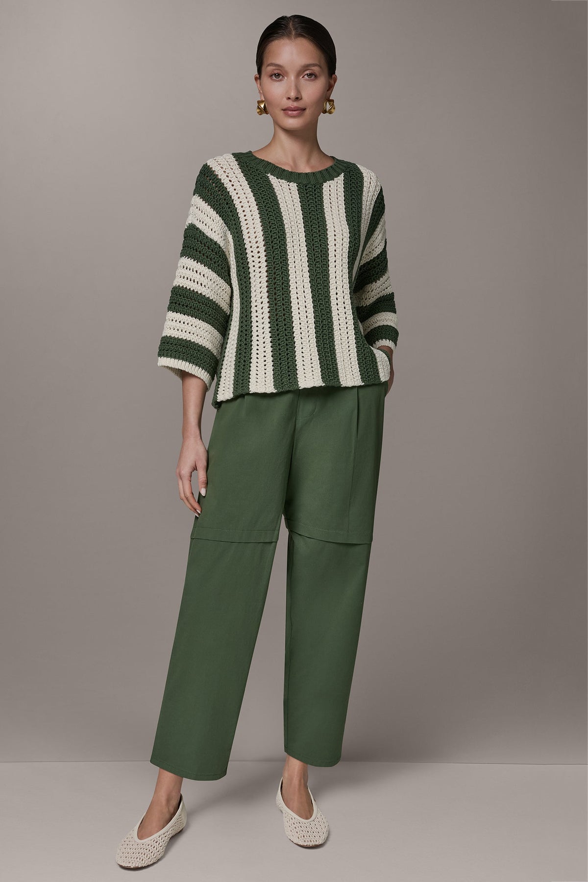 Donna Karan ELBOW SLEEVE POINTELLE STRIPE SWEATER