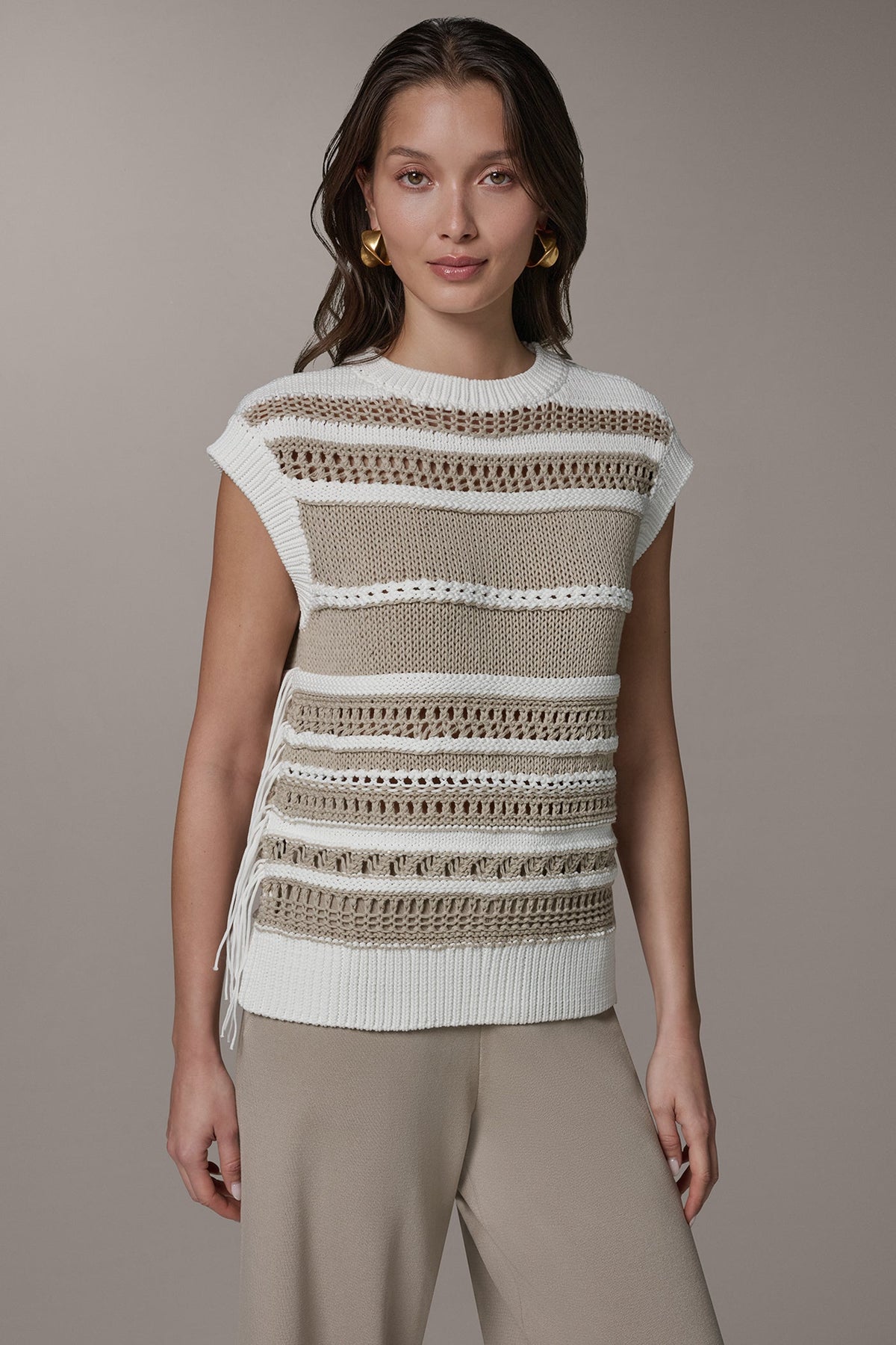 Donna Karan SLEEVELESS STRIPE FRINGE SEQUIN SWEATER