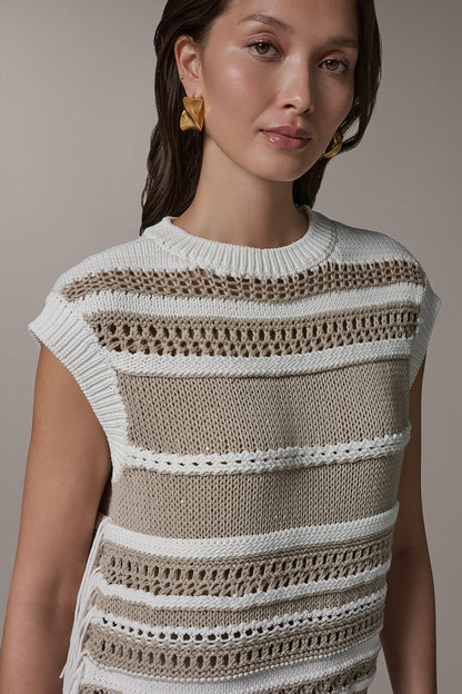 Donna Karan SLEEVELESS STRIPE FRINGE SEQUIN SWEATER