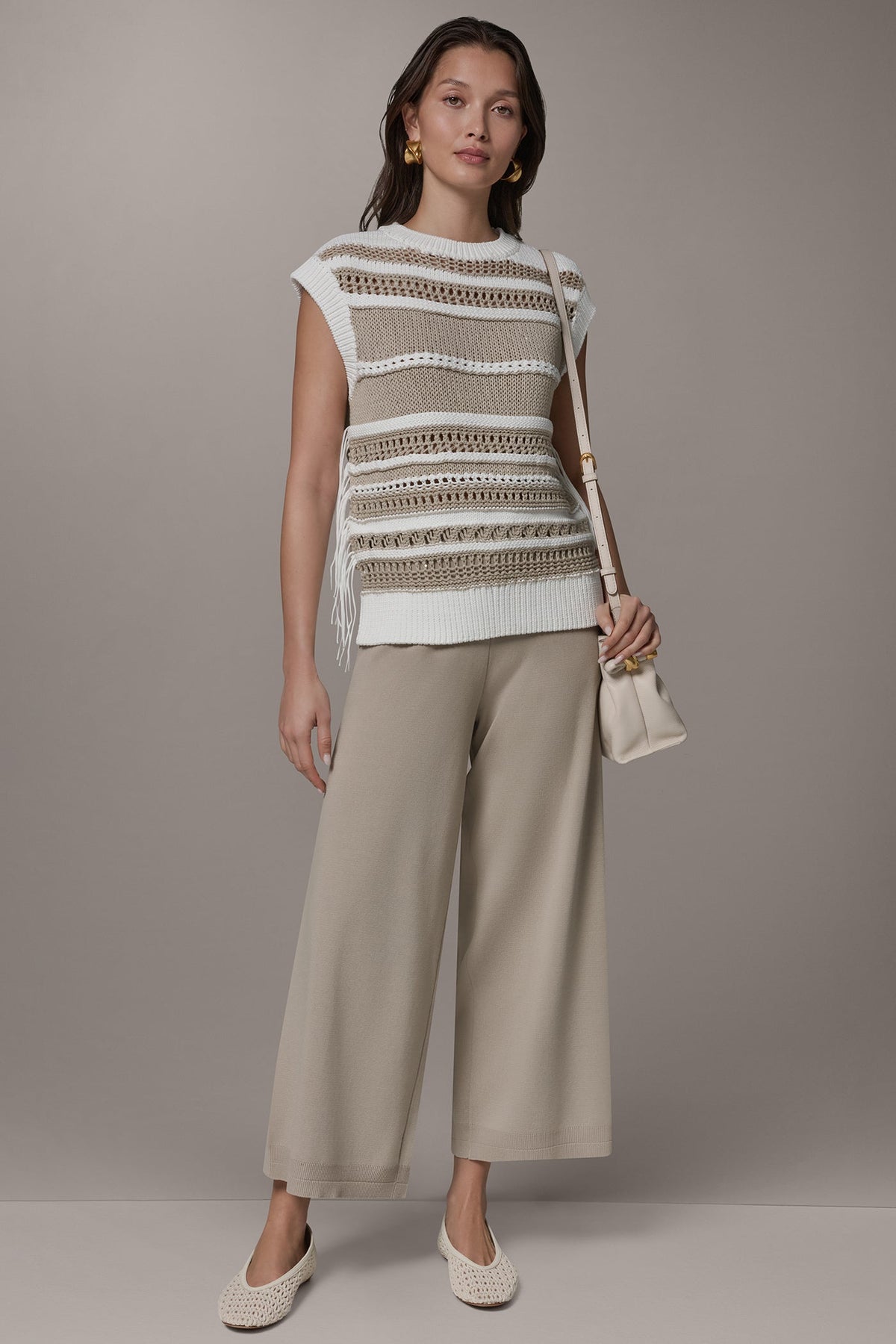 Donna Karan SLEEVELESS STRIPE FRINGE SEQUIN SWEATER