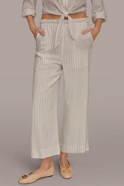 Donna Karan LINEN HIGH-RISE PINSTRIPED PAPERBAG PANT