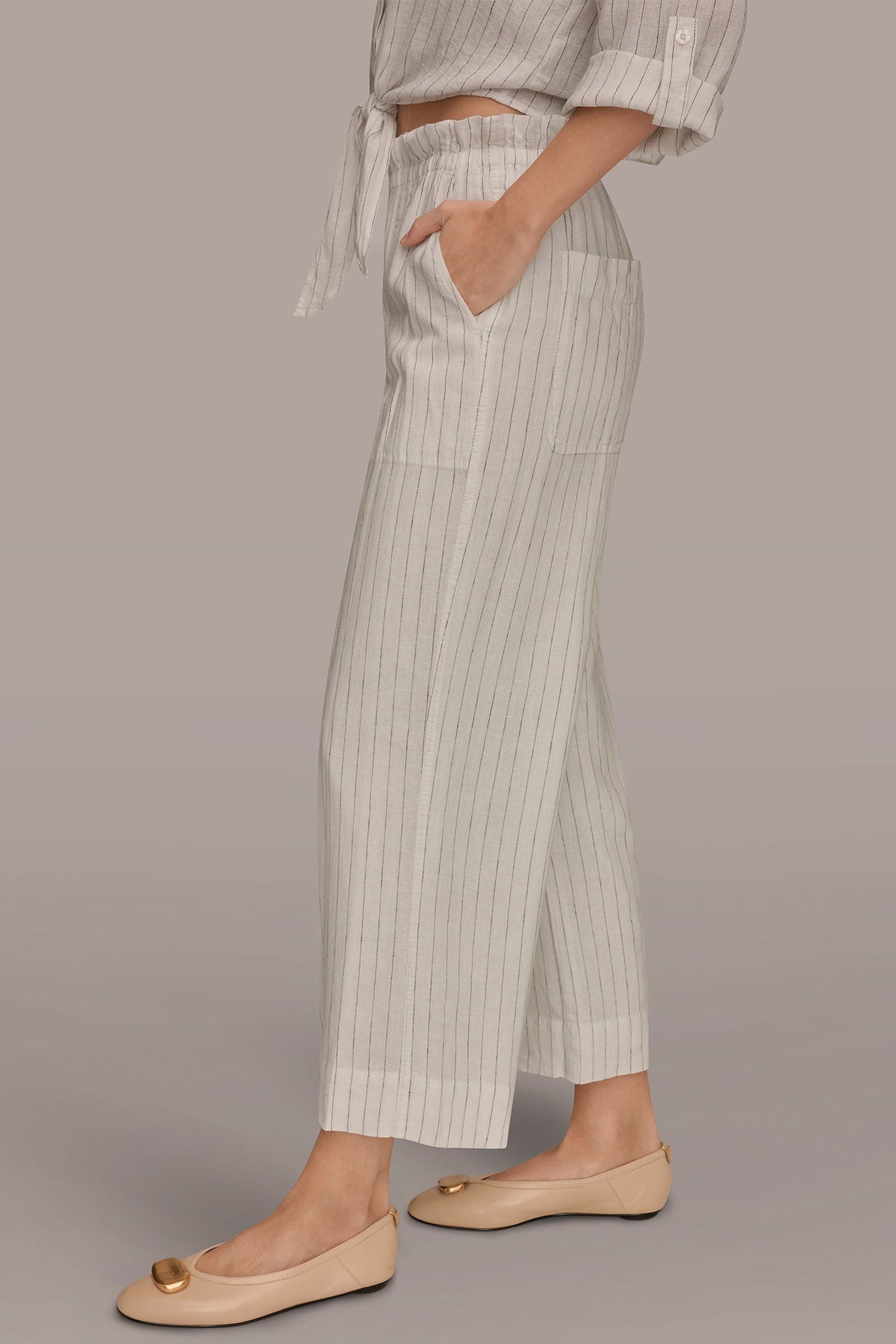 Donna Karan LINEN HIGH-RISE PINSTRIPED PAPERBAG PANT