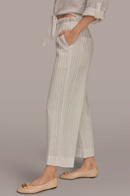 Donna Karan LINEN HIGH-RISE PINSTRIPED PAPERBAG PANT