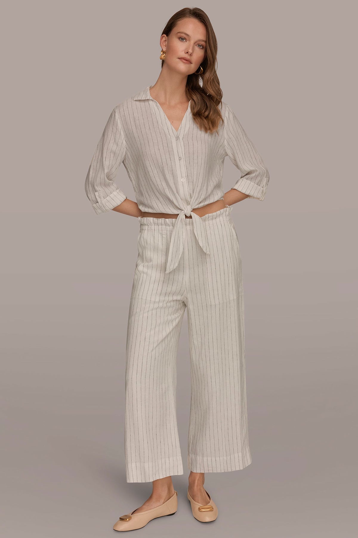 Donna Karan LINEN HIGH-RISE PINSTRIPED PAPERBAG PANT