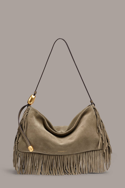 Donna Karan VELVET LARGE FRINGE SHOULDER BAG