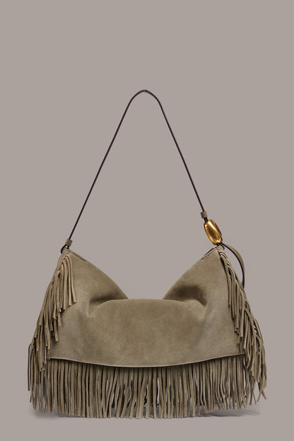 Donna Karan VELVET LARGE FRINGE SHOULDER BAG